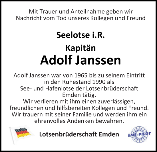 Traueranzeige von Adolf Janssen von Emder Zeitung