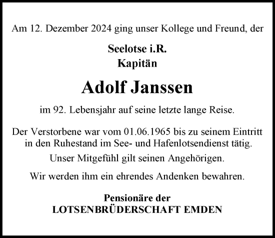 Traueranzeige von Adolf Janssen von Emder Zeitung