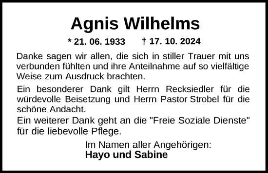 Traueranzeige von Agnis Wilhelms von Nordwest-Zeitung