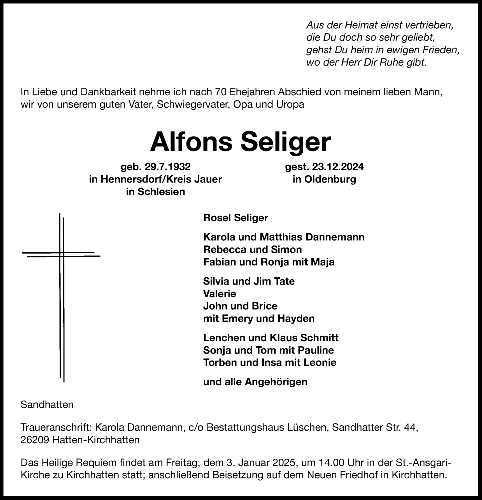  Traueranzeige für Alfons Seliger vom 28.12.2024 aus Nordwest-Zeitung