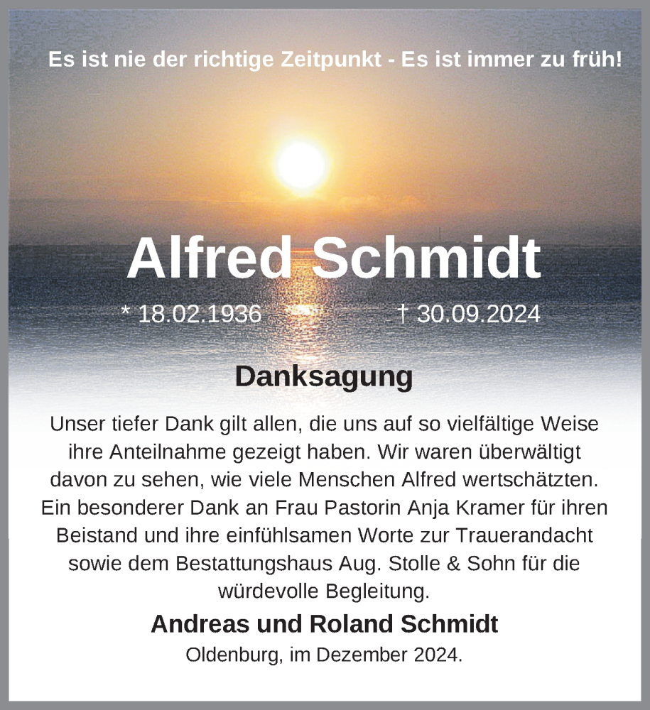  Traueranzeige für Alfred Schmidt vom 07.12.2024 aus Nordwest-Zeitung