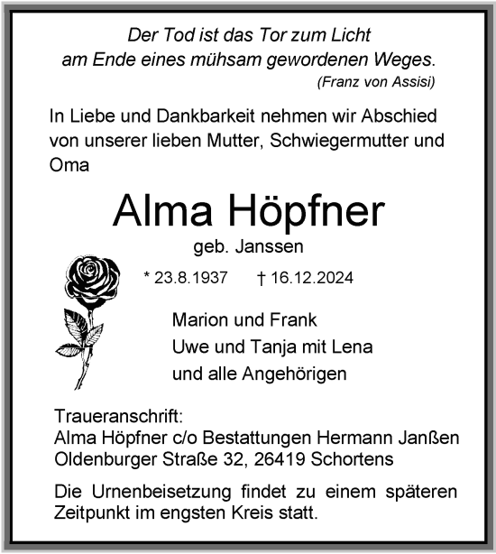 Traueranzeige von Alma Höpfner von WZ/JW/AH