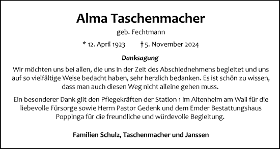 Traueranzeige von Alma Taschenmacher von Emder Zeitung