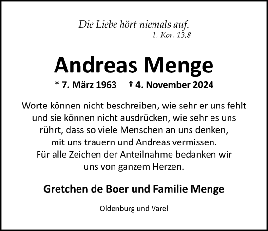 Traueranzeige von Andreas Menge von Nordwest-Zeitung