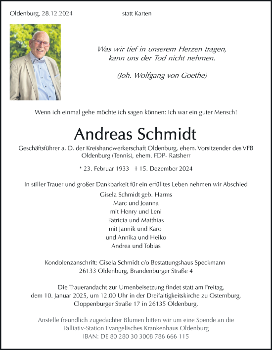 Traueranzeige von Andreas Schmidt von Nordwest-Zeitung