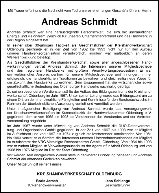 Traueranzeige von Andreas Schmidt von Nordwest-Zeitung