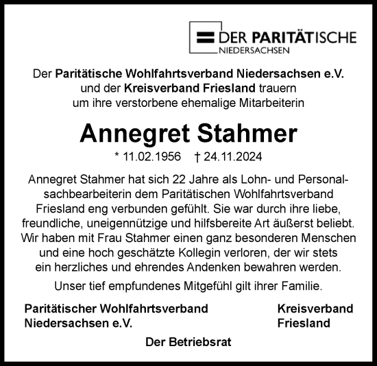 Traueranzeige von Annegret Stahmer von Nordwest-Zeitung