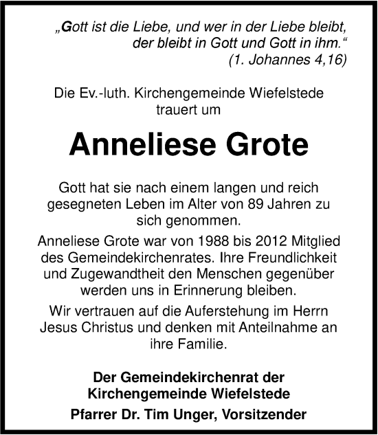 Traueranzeige von Anneliese Grote von Nordwest-Zeitung