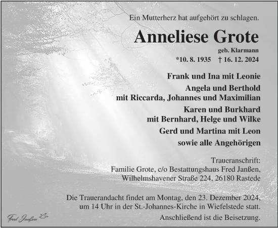 Traueranzeige von Anneliese Grote von Nordwest-Zeitung