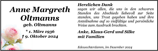 Traueranzeige von Anne Margreth Oltmanns von Nordwest-Zeitung