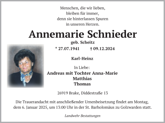 Traueranzeige von Annemarie Schnieder von Nordwest-Zeitung