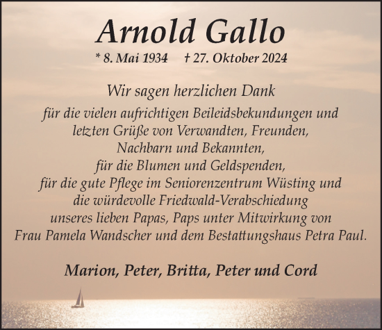 Traueranzeige von Arnold Gallo von Nordwest-Zeitung