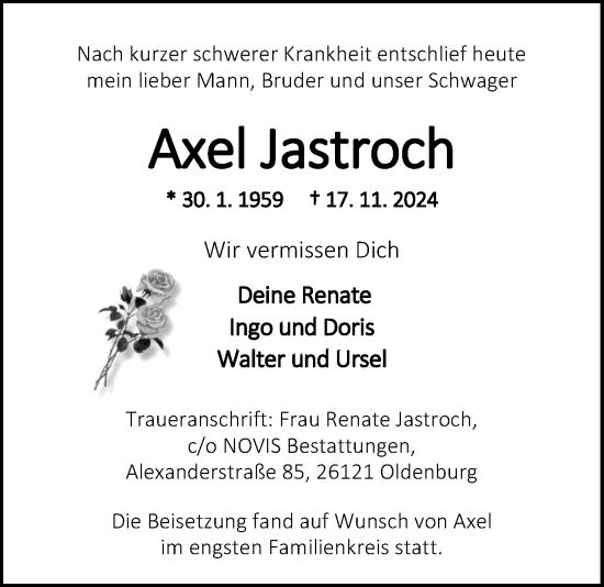 Traueranzeige von Axel Jastroch von Nordwest-Zeitung