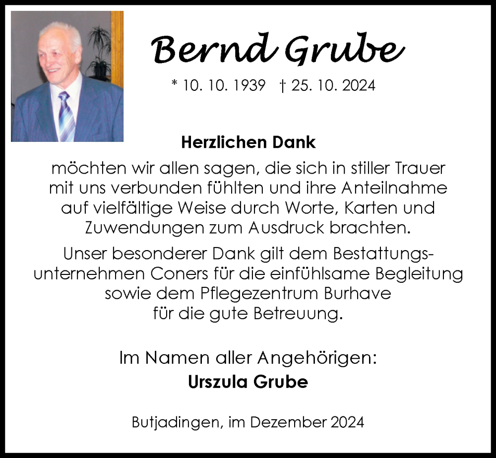 Traueranzeige für Bernd Grube vom 06.12.2024 aus Nordwest-Zeitung