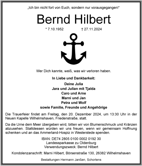 Traueranzeige von Bernd Hilbert von WZ/JW/AH