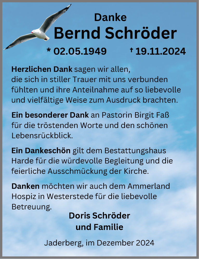  Traueranzeige für Bernd Schröder vom 20.12.2024 aus Nordwest-Zeitung
