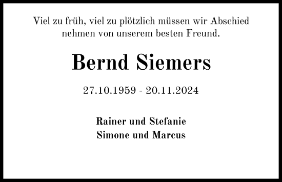 Traueranzeige von Bernd Siemers von Nordwest-Zeitung