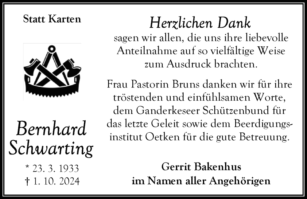  Traueranzeige für Bernhard Schwarting vom 07.12.2024 aus Nordwest-Zeitung