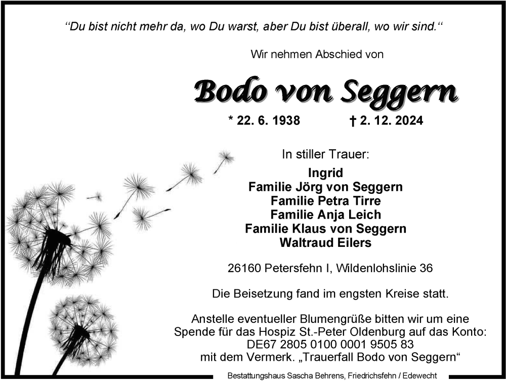  Traueranzeige für Bodo von Seggern vom 10.12.2024 aus Nordwest-Zeitung