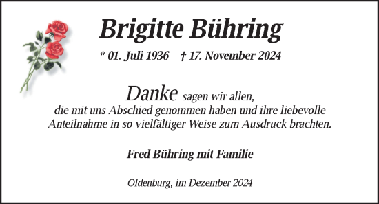 Traueranzeige von Brigitte Bühring von Nordwest-Zeitung