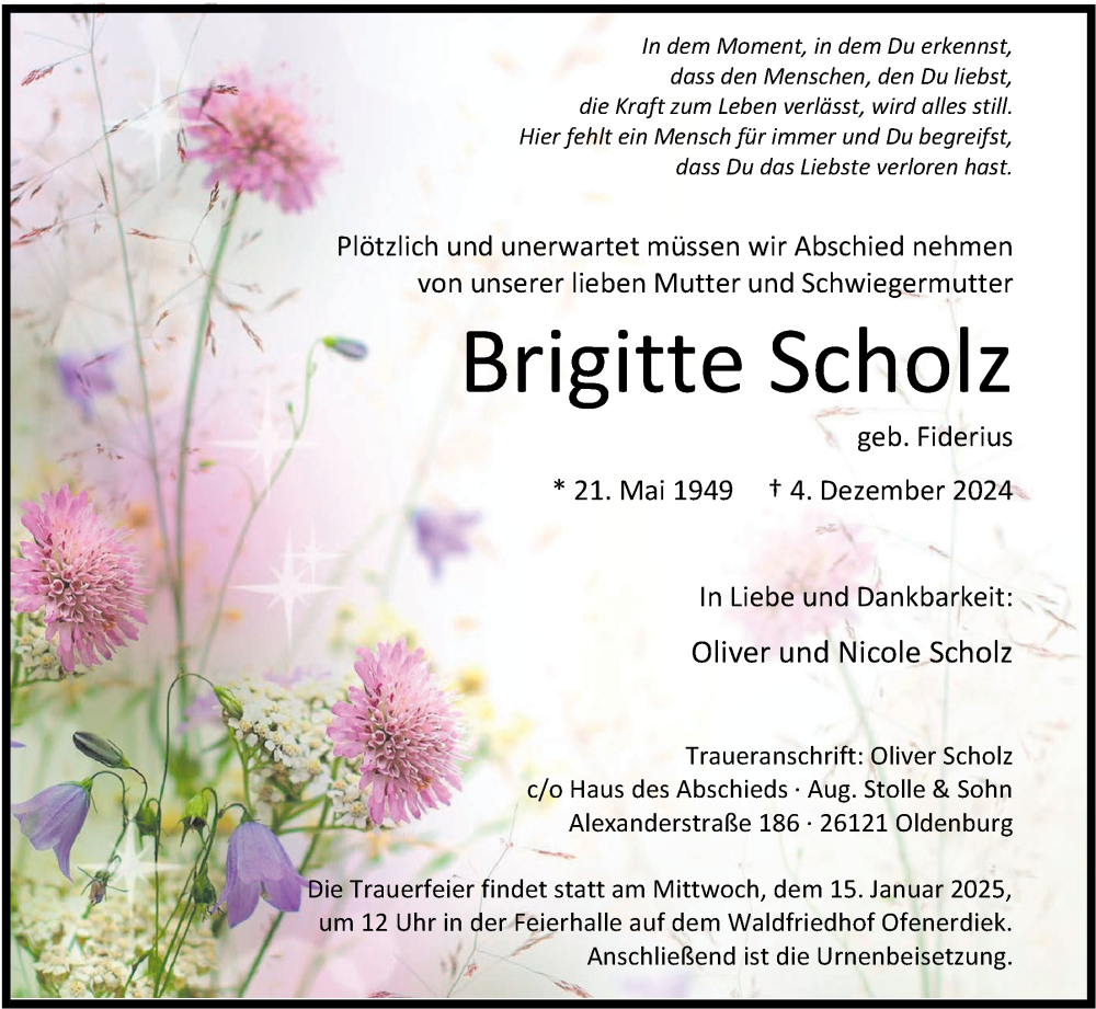 Traueranzeige für Brigitte Scholz vom 14.12.2024 aus Nordwest-Zeitung
