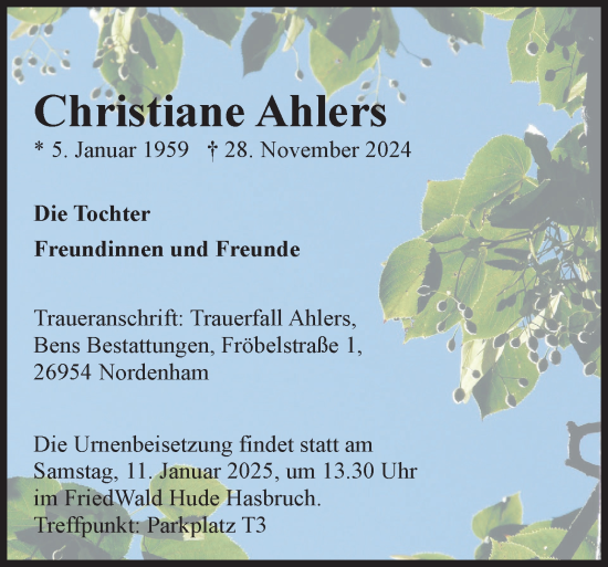 Traueranzeige von Christiane Ahlers von Nordwest-Zeitung