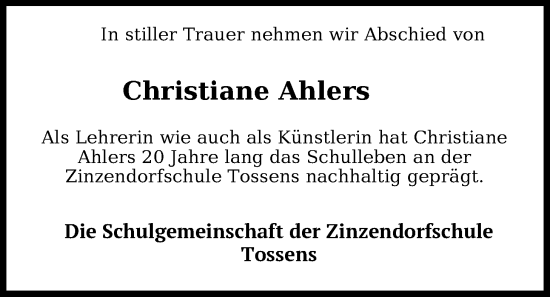 Traueranzeige von Christiane Ahlers von Nordwest-Zeitung