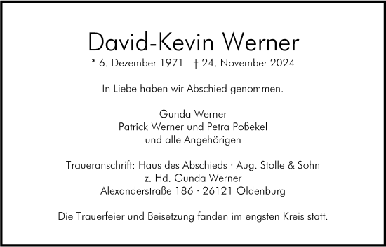 Traueranzeige von David-Kevin Werner von Nordwest-Zeitung