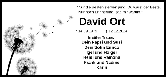 Traueranzeige von David Ort von WZ/JW/AH