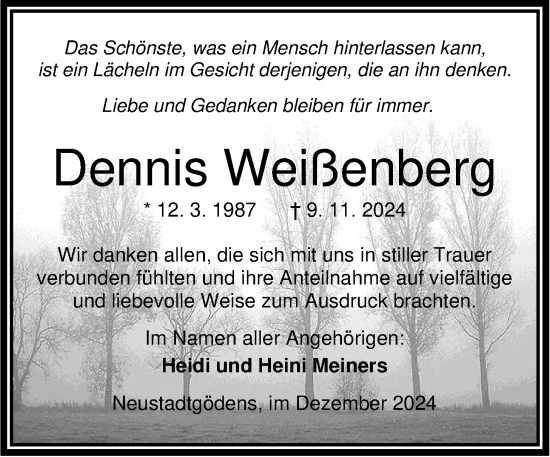 Traueranzeige von Dennis Weißenberg von WZ/JW/AH