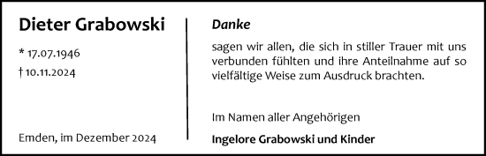 Traueranzeige von Dieter Grabowski von Emder Zeitung