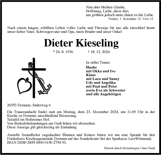 Traueranzeige von Dieter Kieseling von WZ/JW/AH