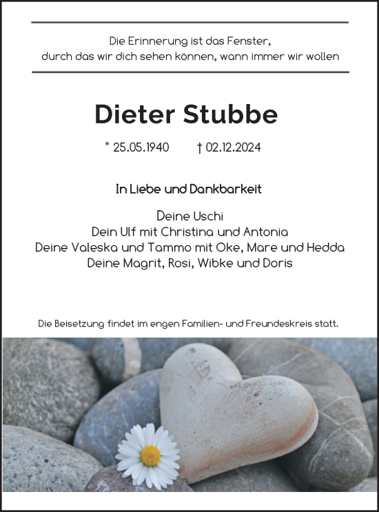 Traueranzeige von Dieter Stubbe von Nordwest-Zeitung