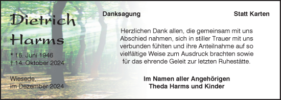 Traueranzeige von Dietrich Harms von WZ/JW/AH
