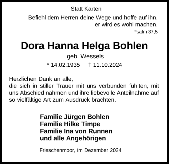 Traueranzeige von Dora Hanna Helga Bohlen von Nordwest-Zeitung