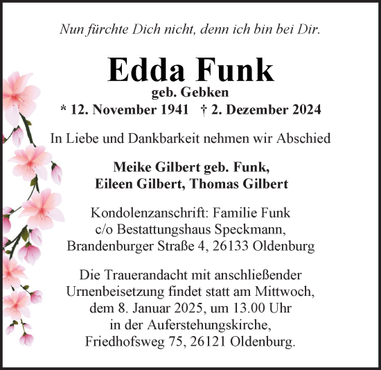 Traueranzeige von Edda Funk von Nordwest-Zeitung