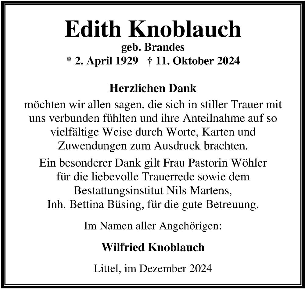  Traueranzeige für Edith Knoblauch vom 07.12.2024 aus Nordwest-Zeitung