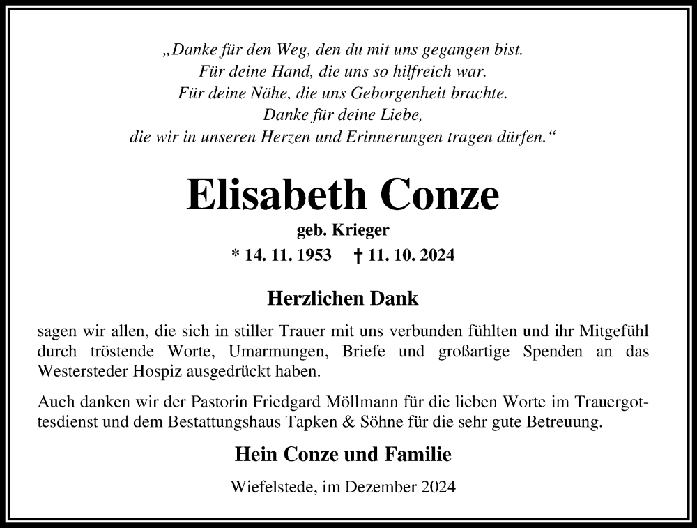  Traueranzeige für Elisabeth Conze vom 20.12.2024 aus Nordwest-Zeitung