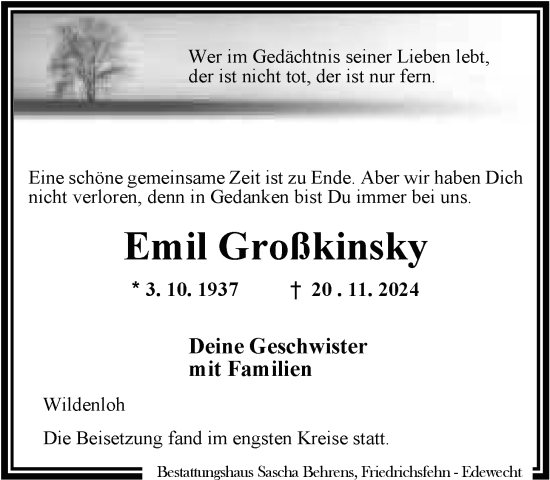 Traueranzeige von Emil Großkinsky von Nordwest-Zeitung