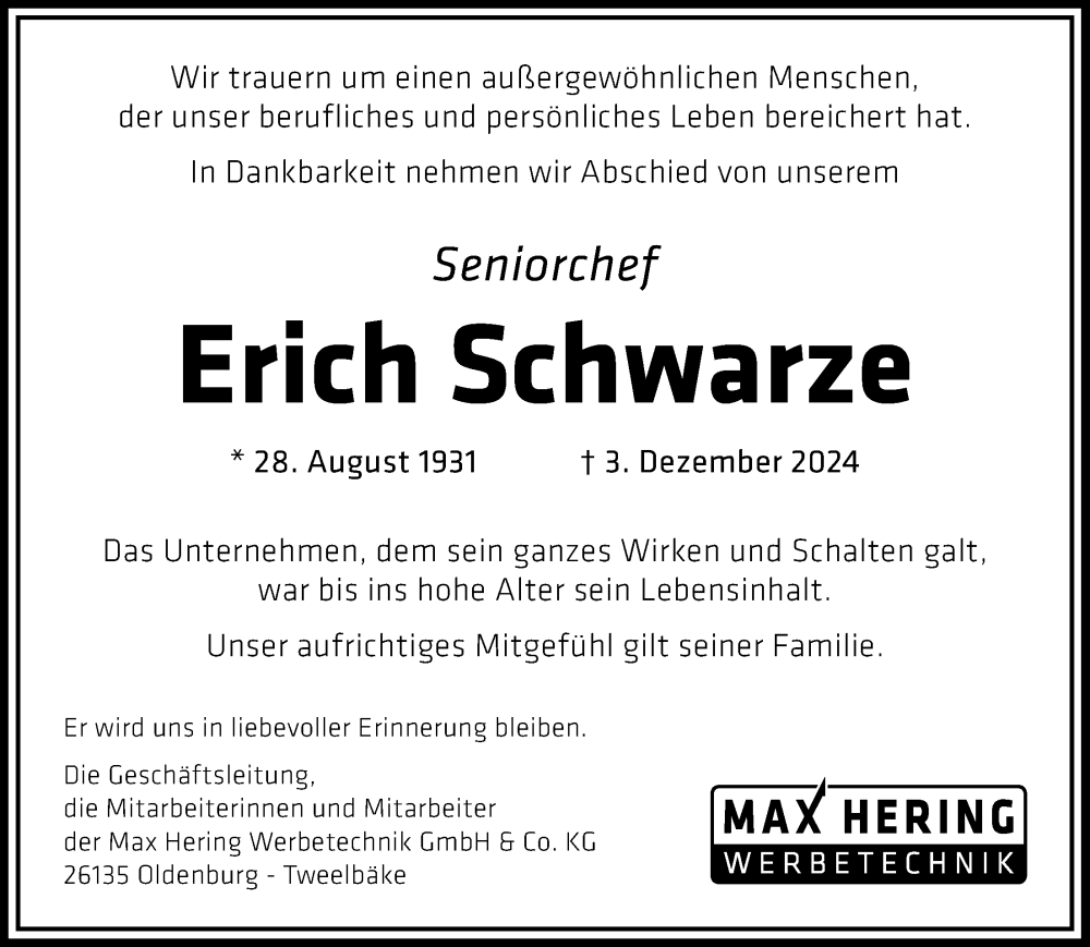  Traueranzeige für Erich Schwarze vom 17.12.2024 aus Nordwest-Zeitung