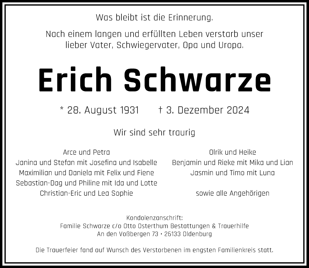  Traueranzeige für Erich Schwarze vom 17.12.2024 aus Nordwest-Zeitung