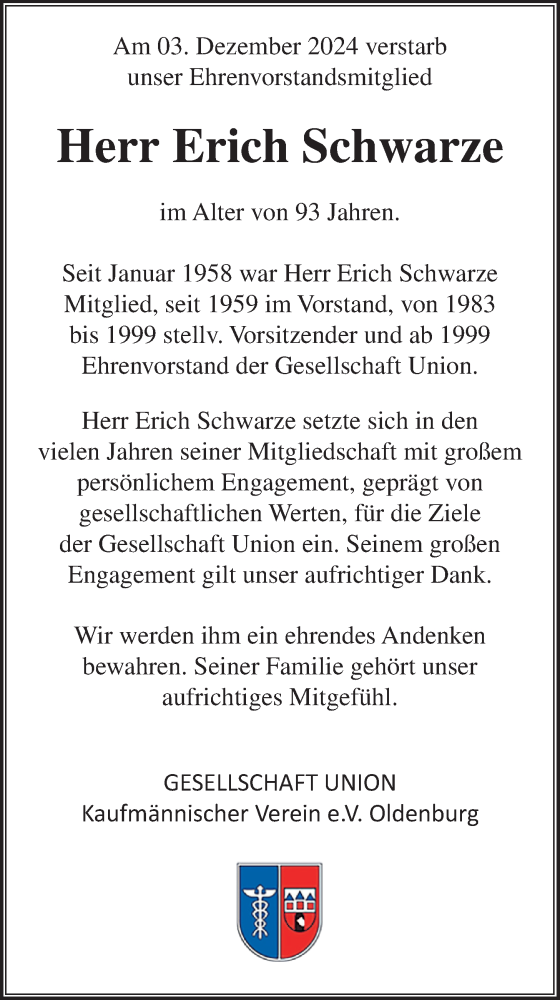  Traueranzeige für Erich Schwarze vom 19.12.2024 aus Nordwest-Zeitung