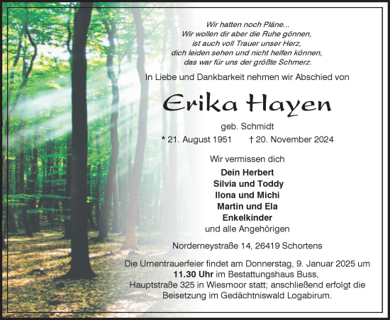 Traueranzeige von Erika Hayen von WZ/JW/AH