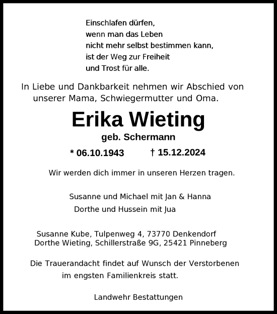 Traueranzeige von Erika Wieting von Nordwest-Zeitung