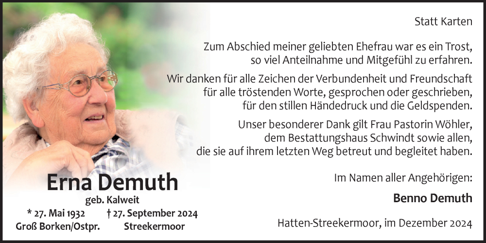  Traueranzeige für Erna Demuth vom 07.12.2024 aus Nordwest-Zeitung