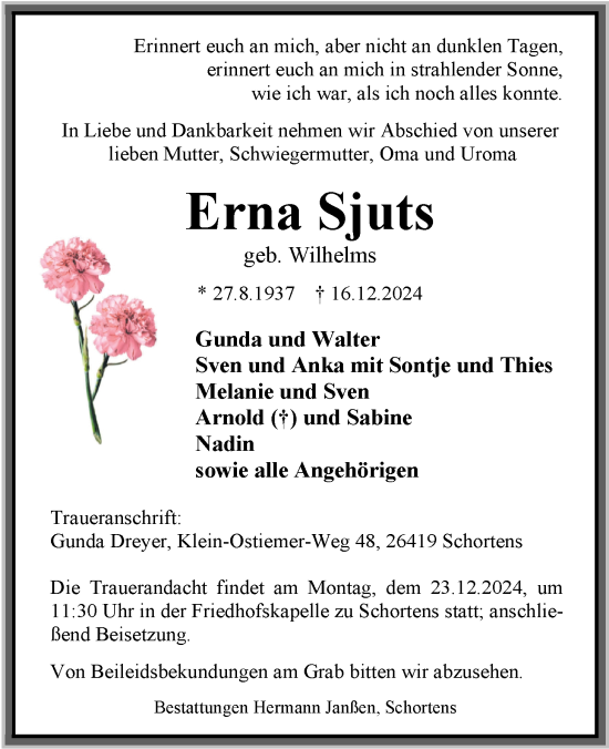 Traueranzeige von Erna Sjuts von WZ/JW/AH