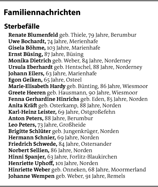 Traueranzeige von Familiennachrichten EZ von Emder Zeitung
