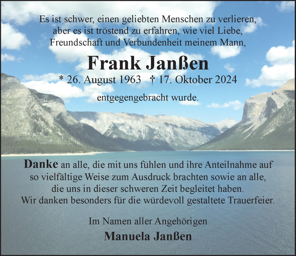  Traueranzeige für Frank Janßen vom 14.12.2024 aus Nordwest-Zeitung