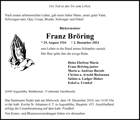 Traueranzeige von Franz Bröring von Nordwest-Zeitung