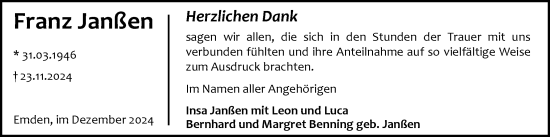 Traueranzeige von Franz Janßen von Emder Zeitung